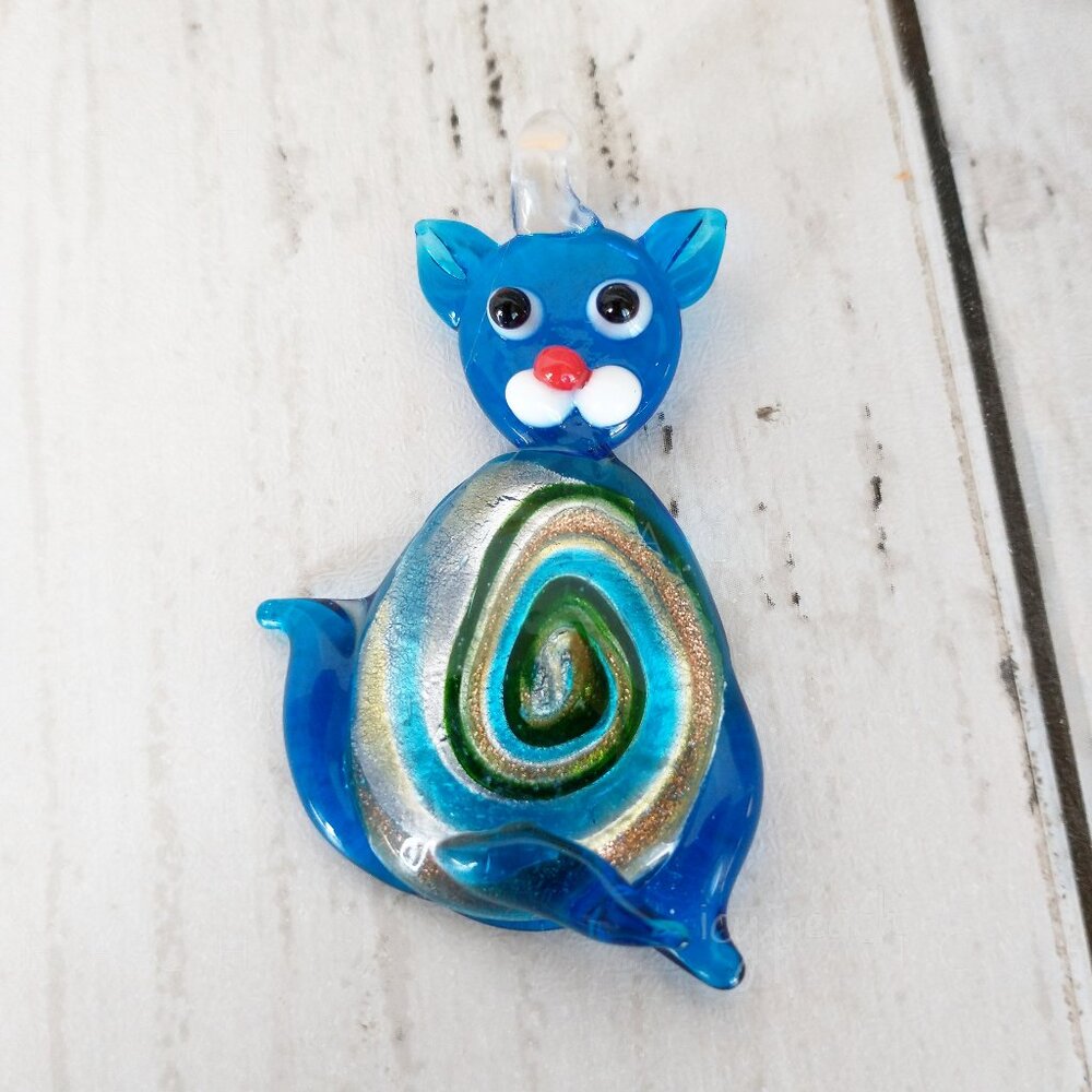 Murano Foil Glass Cat Pendant Blue Glass Art 2” Kitty Ornament Charm Sun Catcher